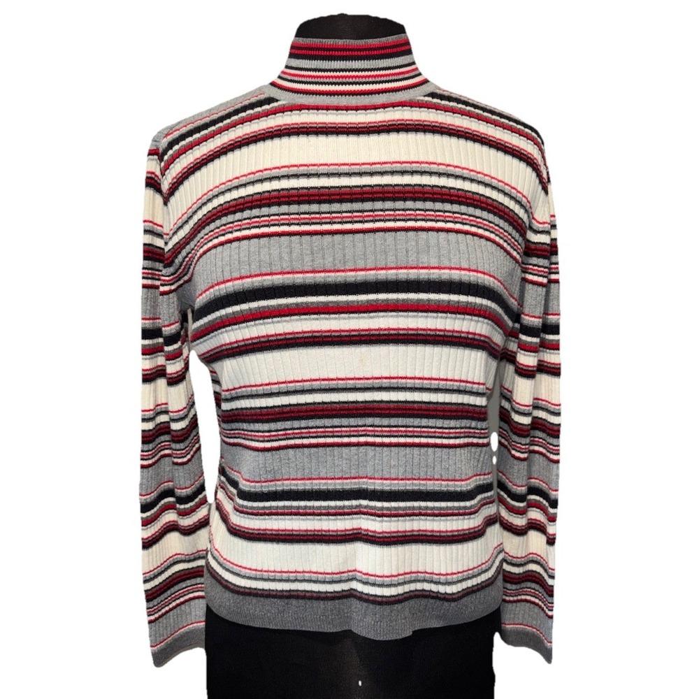90's Gray Ivory Red Striped Rib Mock‎ Neck Sweater Women's Large Academia Preppy